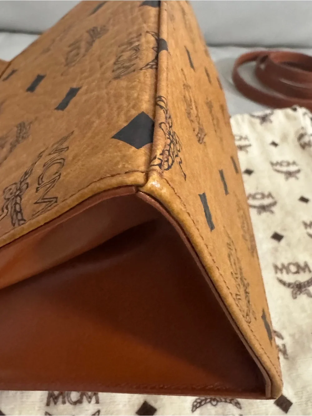 MCM Brown Kelly Cognac Visetos Top Handle Satchel with Gold Hardware